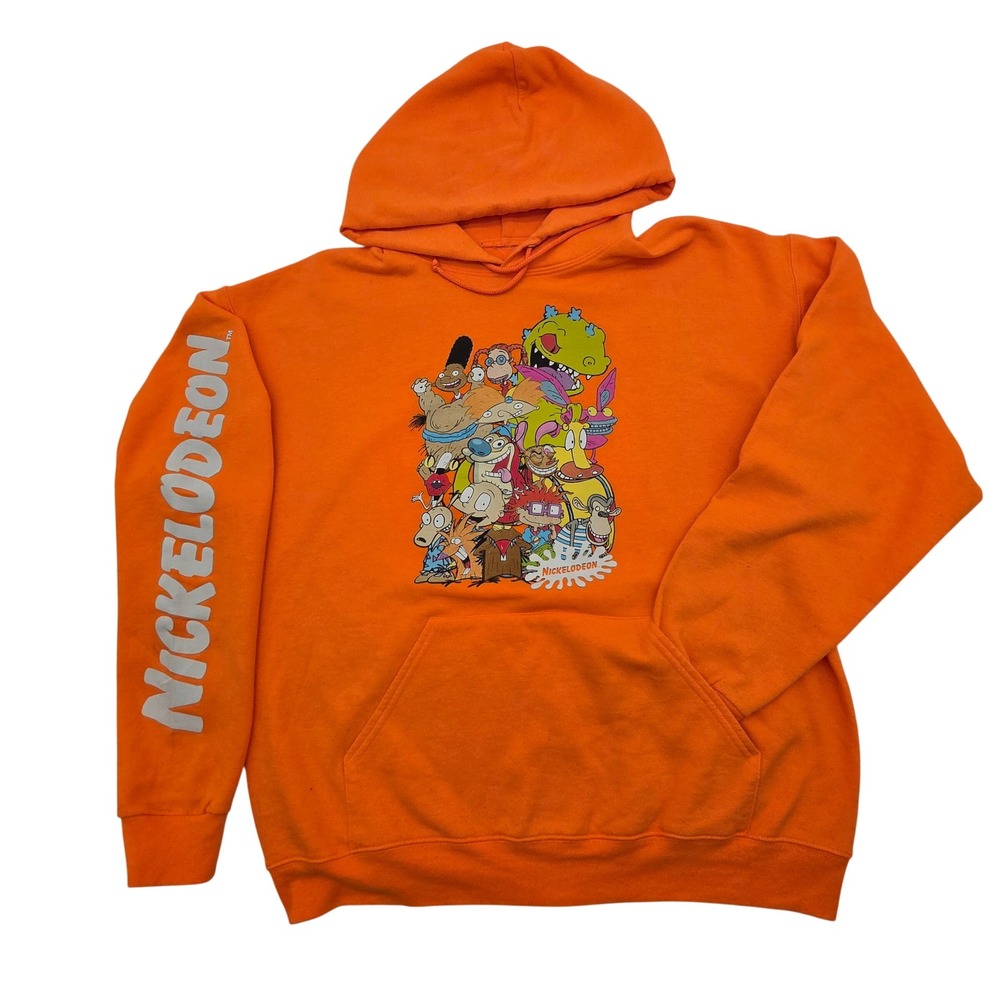 Nickelodeon Hoodie Mens Large Orange 90s Cartoon Graphic Sleeve Logo Sweatshirt